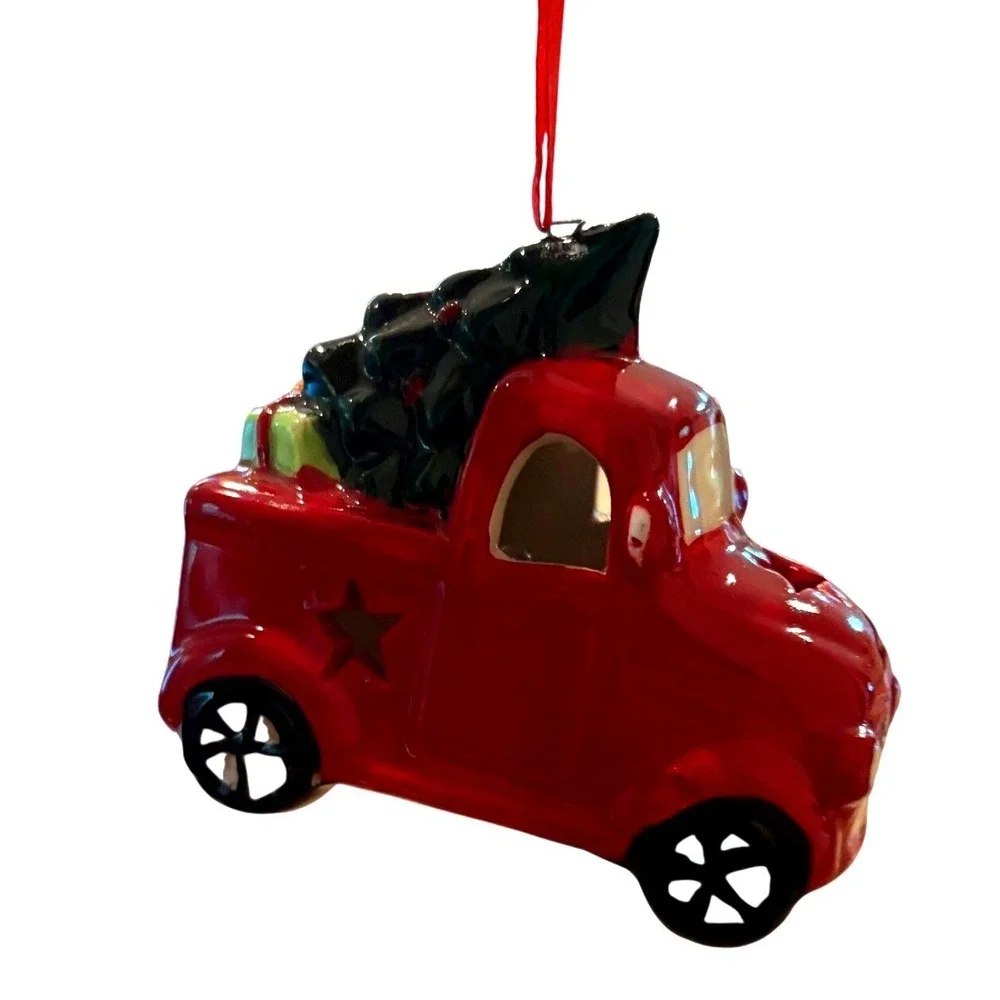 Red Ceramic Christmas Truck Ornament Light Up Tree Gifts Holiday Decor 3